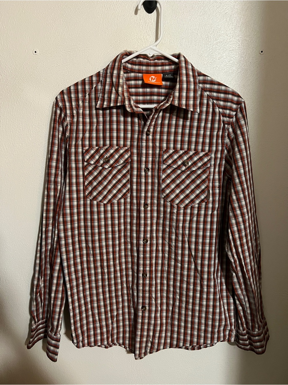 MERRELL Classic Long Sleeve Plaid Button Down Shirt Orange Blue White Men's Sz S